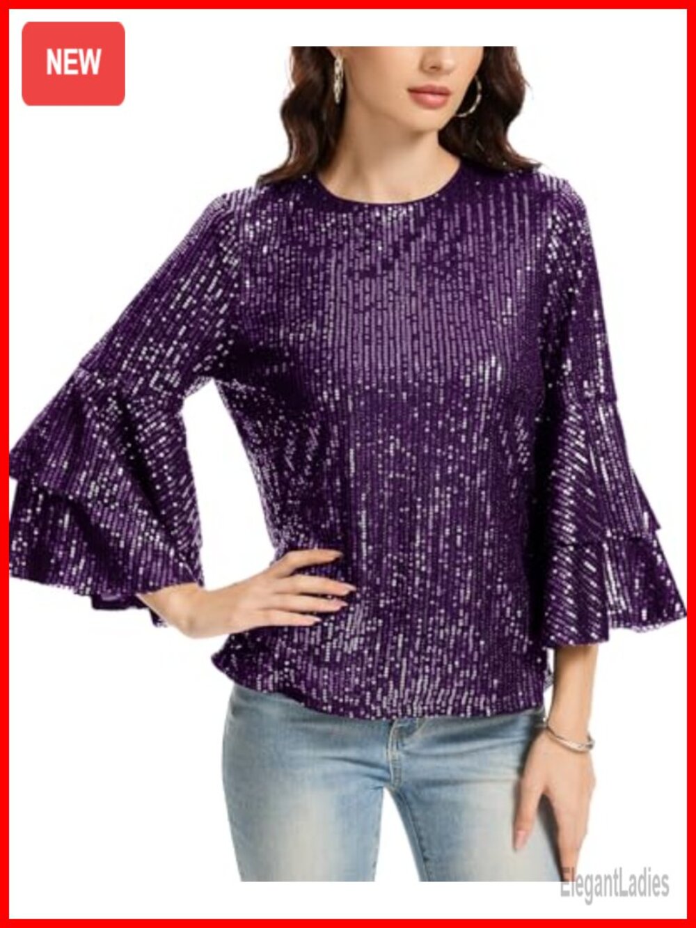 Sequin 3/4 Sleeve Fully Lined Sparkly Blouse